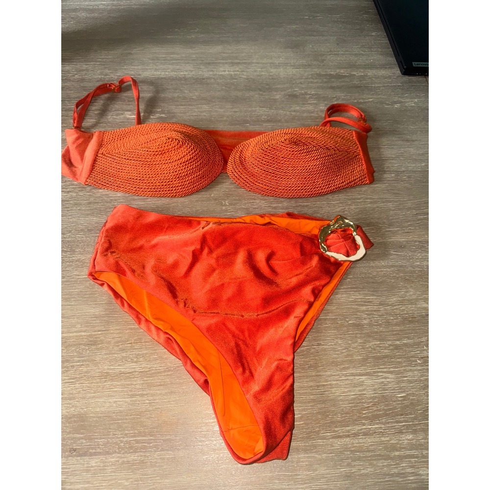 PatBO Burnt Orange Rope Textured Bikini Set High Waist Gold Buckle USA XL - Picture 4 of 9